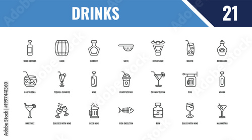 drinks outline icon set. linear vector for ui, web and mobile. thin line cask, armagnac, cosmopolitan icons.