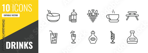 drinks outline icon set. 10 linear vector for ui, web and mobile. thin line greyhound drink, french press, bunch of grapes icons.
