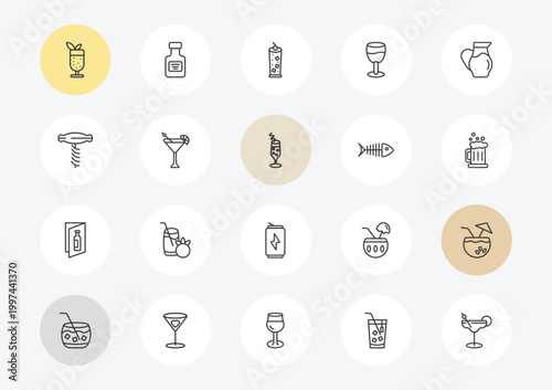 drinks outline icon set. linear vector for ui, web and mobile. thin line mint julep, sorkscrew, wine list icons.