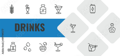 drinks outline icon set. linear vector for ui, web and mobile. thin line grain, mai tai, rum icons.
