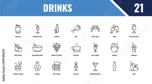drinks outline icon set. linear vector for ui, web and mobile. thin line ramos gin fizz, glass with wine, blue lagoon icons.