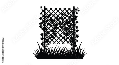 lattice fence silhouette with climbing vines and grass