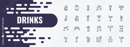drinks outline icon set. linear vector for ui, web and mobile. thin line soda can, tom collins, tequila sunrise icons.