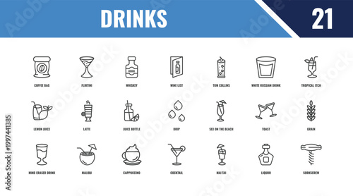 drinks outline icon set. linear vector for ui, web and mobile. thin line flirtini, tropical itch, sex on the beach icons.