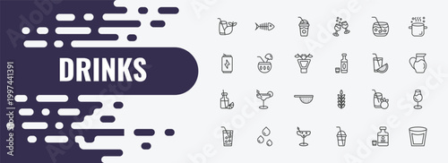 drinks outline icon set. linear vector for ui, web and mobile. thin line fish skeleton, frappuccino, caipiroska icons.