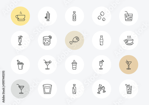 drinks outline icon set. linear vector for ui, web and mobile. thin line espresso, sex on the beach, ice bucket and bottle icons.