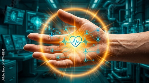 Human hand holding glowing digital heart with healthcare technology icons