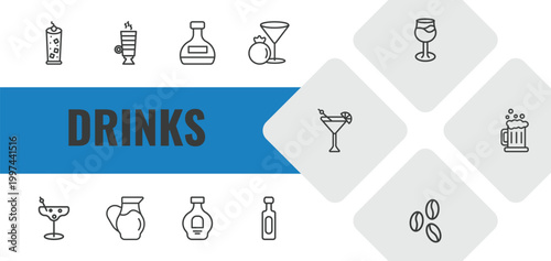drinks outline icon set. linear vector for ui, web and mobile. thin line tom collins, latte, mashing icons.