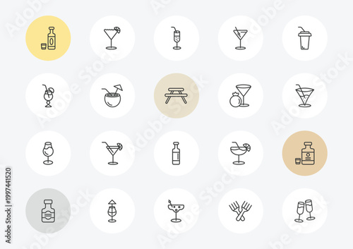 drinks outline icon set. linear vector for ui, web and mobile. thin line alcohol, blue lagoon, glass with wine icons.