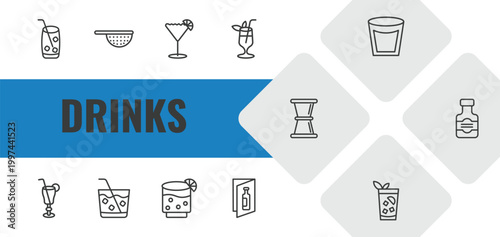 drinks outline icon set. linear vector for ui, web and mobile. thin line mojito, sieve, sidecar drink icons.