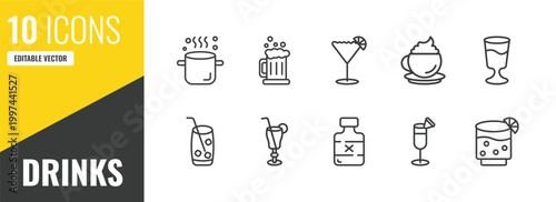 drinks outline icon set. 10 linear vector for ui, web and mobile. thin line boiling, beer mug, sidecar drink icons.