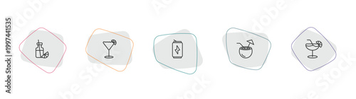 drinks outline icon set. linear vector for ui, web and mobile. thin line juice bottle, sidecar drink, energy drink icons.