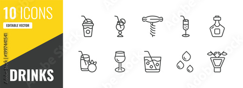 drinks outline icon set. 10 linear vector for ui, web and mobile. thin line frappuccino, blue lagoon, sorkscrew icons.