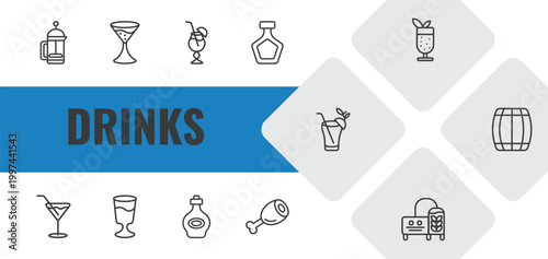 drinks outline icon set. linear vector for ui, web and mobile. thin line french press, flirtini, blue lagoon icons.