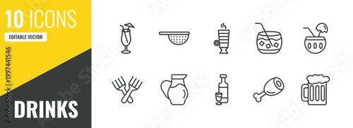 drinks outline icon set. 10 linear vector for ui, web and mobile. thin line sex on the beach, sieve, latte icons.