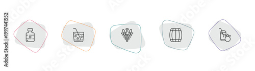 drinks outline icon set. linear vector for ui, web and mobile. thin line rum, caipirinha, bunch of grapes icons.