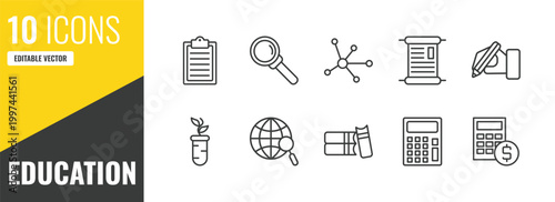 education outline icon set. 10 linear vector for ui, web and mobile. thin line written clipboard, magnification lens, molecular bond icons.
