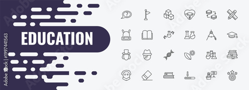 education outline icon set. linear vector for ui, web and mobile. thin line flag point, creche, arrange icons.