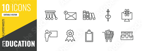 education outline icon set. 10 linear vector for ui, web and mobile. thin line newton cradle, new email, library books icons.