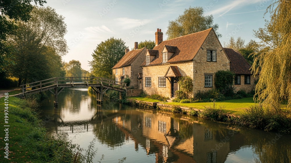 Obraz premium Traditional Stone Cottage by River with Wooden Bridge at Sunrise