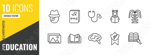 education outline icon set. 10 linear vector for ui, web and mobile. thin line long john silver, math book, cardiology tool icons.