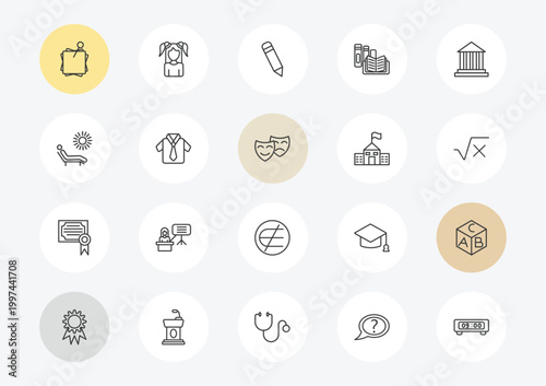 education outline icon set. linear vector for ui, web and mobile. thin line sticky note, leisure, diploma icons.