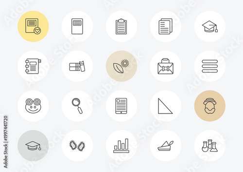 education outline icon set. linear vector for ui, web and mobile. thin line favorite book, agenda with bookmarks, frog icons.