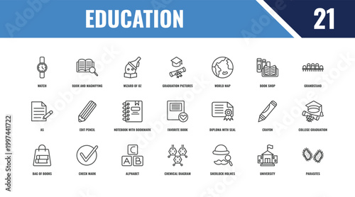 education outline icon set. linear vector for ui, web and mobile. thin line book and magnifying, grandstand, diploma with seal icons.