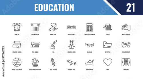 education outline icon set. linear vector for ui, web and mobile. thin line greek pillar, write by hand, garland icons.