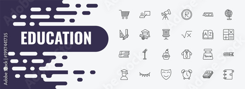 education outline icon set. linear vector for ui, web and mobile. thin line teacher with stick, telescope, booked icons.