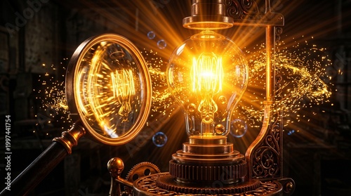 Vintage brass telescope with warm golden light and sparkling bokeh background