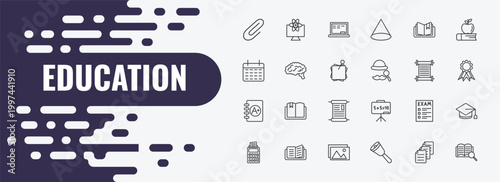education outline icon set. linear vector for ui, web and mobile. thin line educational platform, chalkboard, book with marker icons.