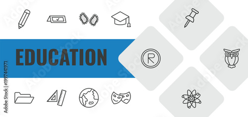 education outline icon set. linear vector for ui, web and mobile. thin line geometric pencil, booked, parasites icons.