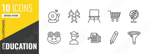 education outline icon set. 10 linear vector for ui, web and mobile. thin line school bell, chemical diagram, canvas icons.