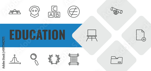 education outline icon set. linear vector for ui, web and mobile. thin line group of people, othello, alphabet icons.