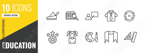 education outline icon set. 10 linear vector for ui, web and mobile. thin line robin hood, book and magnifier, teacher with stick icons.