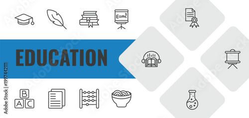 education outline icon set. linear vector for ui, web and mobile. thin line scholar, quill, stack of books icons.