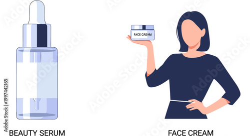 Woman holding face cream and beauty serum in modern minimalist style with soft natural lighting for skincare advertising