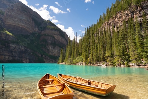 Two Wooden Boats Near Turquoise Lake Surrounded by Mountains and Trees on a S...
