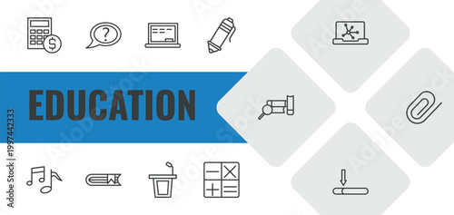 education outline icon set. linear vector for ui, web and mobile. thin line calculator and dollar, unknown topic, chalkboard icons.