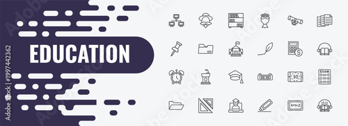 education outline icon set. linear vector for ui, web and mobile. thin line don quixote, book shelf, graduation diploma icons.