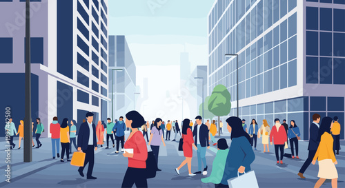 A diverse and bustling crowd of people walking along a wide street in a modern city with tall glass buildings. Urban lifestyle, commuting, and city life concept.