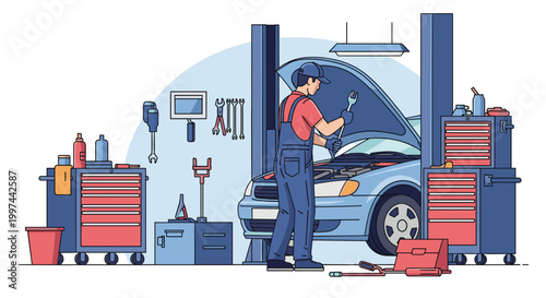 A professional auto mechanic in uniform using a wrench to repair a car engine in a fully equipped garage workshop. Car service and vehicle maintenance vector.