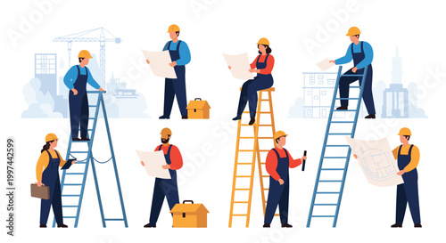 A collection of construction workers, engineers, and builders in hard hats and uniforms, working on a construction site. Teamwork in the building industry vector set.