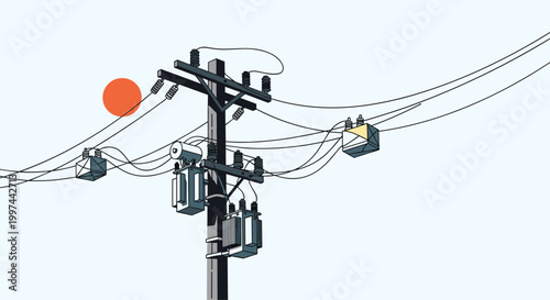 A minimalist illustration of an electrical utility pole with multiple transformers and tangled wires against a simple, clean sky. Urban infrastructure and energy supply.