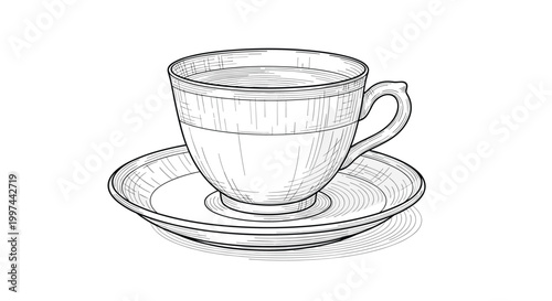 A beautifully detailed, classic illustration of a teacup and saucer in a vintage engraving or woodcut style. Elegant hand-drawn line art for a beverage concept.