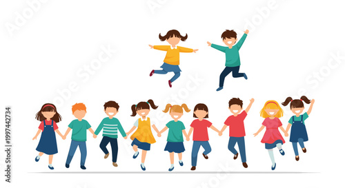 A group of happy and diverse children holding hands and jumping for joy, celebrating friendship and childhood together.