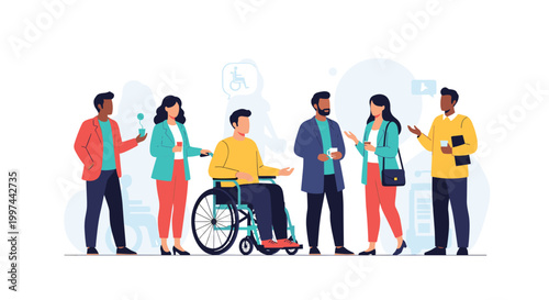 A diverse group of people, including a man in a wheelchair, socializing and communicating in an inclusive and friendly environment.