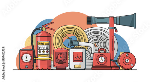 A collection of various fire safety and firefighting equipment, including an extinguisher, hose, and alarm systems.