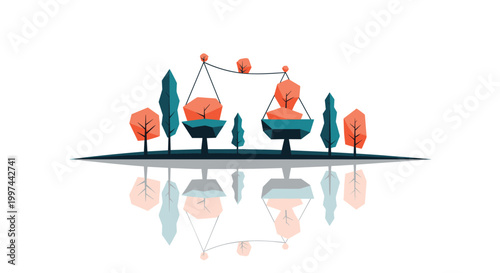 A stylized landscape with orange and blue trees reflected in the water, creating a symmetrical and balanced nature scene.